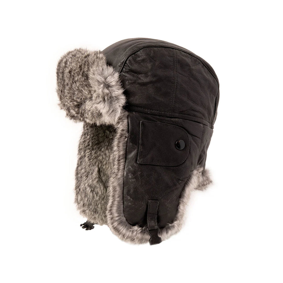 Leather Aviator Hat with Rabbit Trim