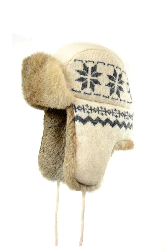 Lambs Wool Knit Aviator Hat with Rabbit Trim