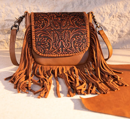 Leather Tooled Fringe Crossbody Purse