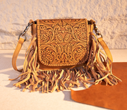 Leather Tooled Fringe Crossbody Purse