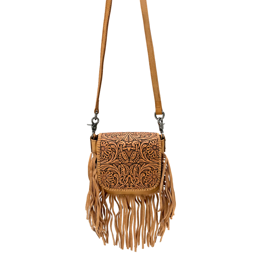 Leather Tooled Fringe Crossbody Purse