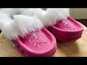 Women's Fleece Lined Rabbit Fur Fuchsia Suede Moccasins