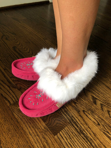 Women's Fleece Lined Fuchia Pink Suede Moccasins with Real Rabbit Fur ...